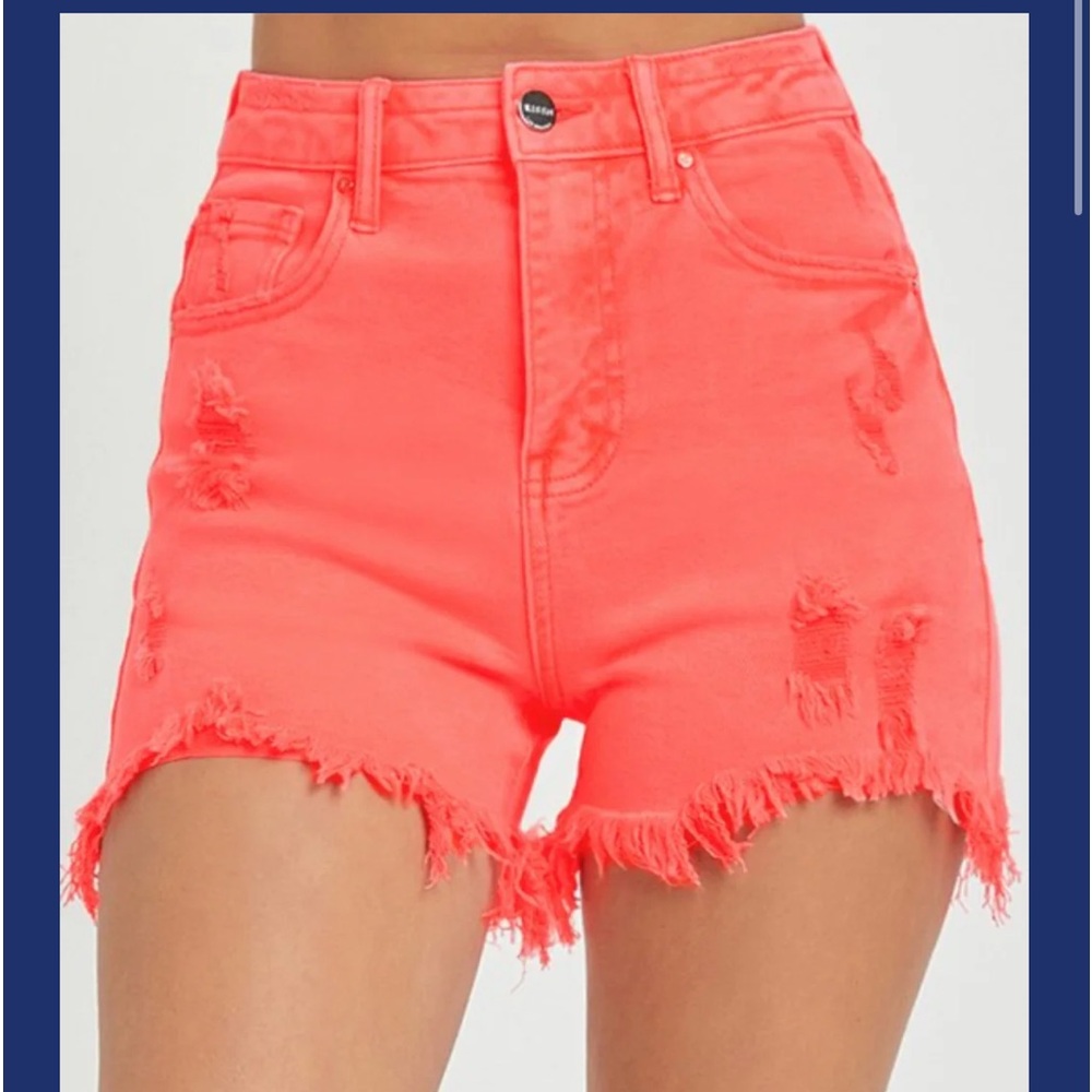 RISEN neon coral distressed denim shorts high rise